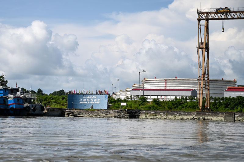 This photo taken from a boat on October 2, 2019 shows a Chinese-owned oil refinery plant on Made Island off Kyaukphyu, Rakhine State. Photo - AFP