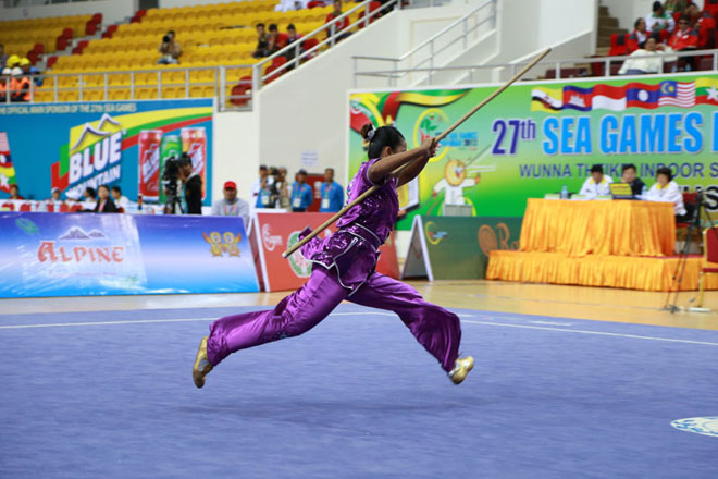Member of the Myanmar Wushu team in action at the 27th SEA Games hosted by Myanmar in 2013. Photo: Mizzima