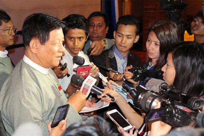 Union Election Commission chairperson U Tin Aye speaks to the media during an earlier meeting, this time between the UEC and political parties at Park Royal Hotel in Yangon on February 18, 2015. Photo: UEC