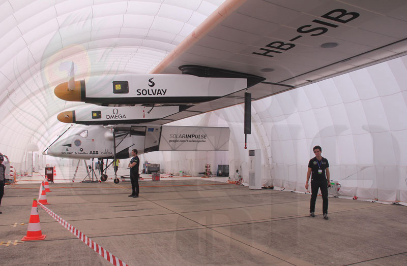 Solar Impulse 2 aircraft inside its inflatable hanger at the Mandalay International Airport in Mandalay, Myanmar, on March 20, 2015. Photo: Bo Bo/Mizzima