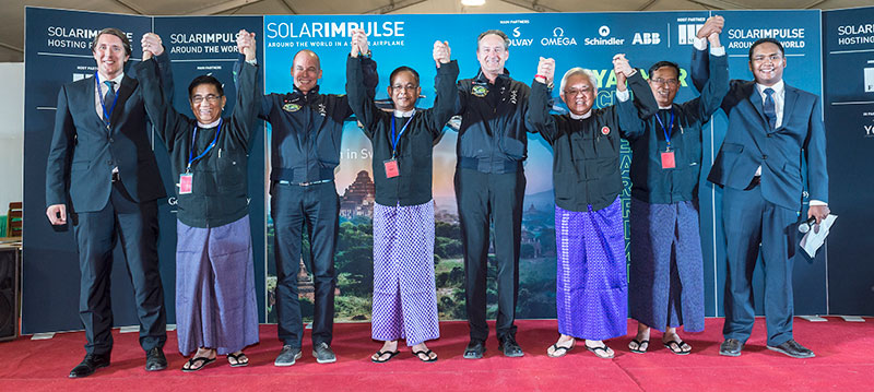 (From left to right) Mr. Philipp Hoffmann, Managing Director of JJ-Pun; U Kyaw Myint, Mandalay Region Minister for Electric Power and Industry; Mr. Andre Borschberg, Solar Impulse 2 pilot; U Ye Myint, Chief Minister of Mandalay; Mr. Bertrand Piccard, Solar Impulse 2 pilot; U Theim Wai @ Mr. Serge Pun, Chairman of FMI and Yoma Strategic Holdings; U Kyaw San, Mandalay Regional Minister for Transportation; and U Soe Moe Min Oo, General Manager - Infrastructure Development pose for a photo during the FMI Gala
