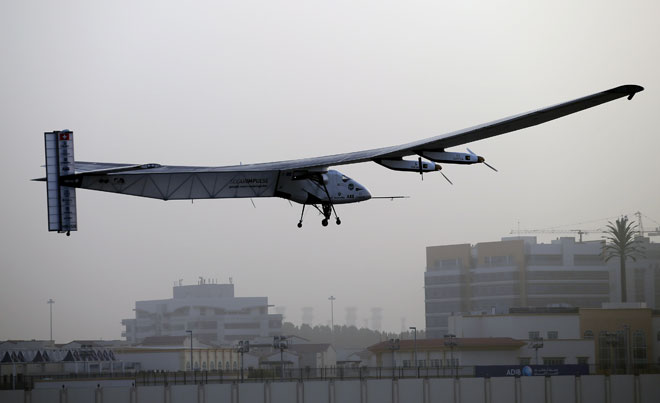 The Solar Impulse 2 plane takes off for a trip around the world from Al Bateen Executive Airport in Abu Dhabi, UAE, March 9, 2015. The trip will take the Solar Impulse 2 to Oman, India, Myanmar and China. The plane will then cross the Pacific to Hawaii and on to the US mainland. Following a flight across the Atlanic and over the Mediterranean region, the pilots are planning to return to the capital of the United Arab Emirates. Photo: Ali Haider/EPA