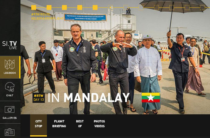The two Solar Impulse 2 pilots are spreading the word on clean energy, as seen here with Myanmar President U Thein Sein at Mandalay International Airport on March 20, 2015. Photo: Solar Impulse