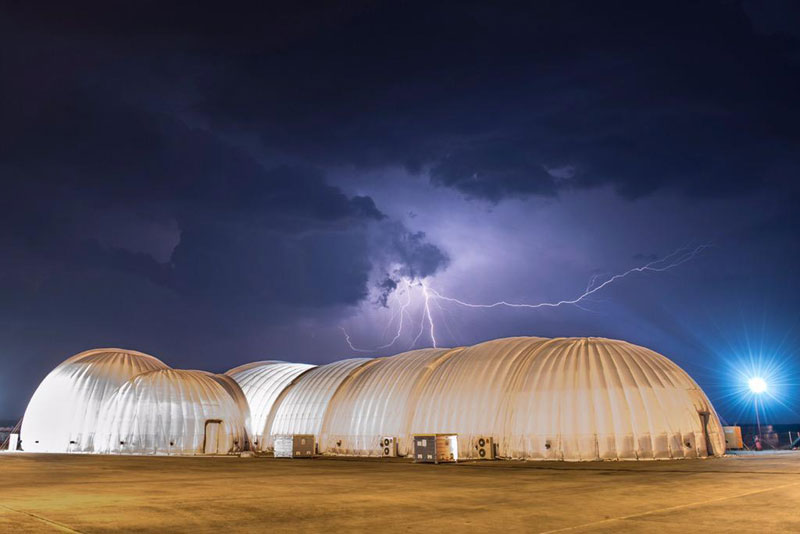Lightning over the temporary tent housing the Solar Impulse 2 aircraft at Mandalay International Airport on March 24, 2015. Photo: Solar Impulse