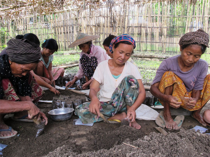 Women are under threat in conflict zones in Myanmar, according to Women's League of Burma. Women preparing plastic bags for transplanting teak and iron timber tree seedlings in In Gan village, Kachin State. Photo: OXFAM Hong Kong