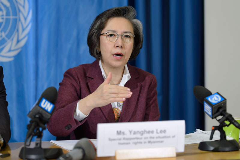 United Nations special rapporteur on human rights in Myanmar, Ms Yanghee Lee, speaks at a news conference in Geneva on March 18 about her report earlier in the week to the UN Human Rights Council. Photo: EPA/Martial Trezzini