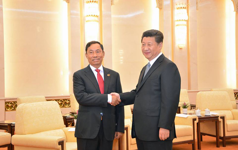 Thura U Shwe Mann, left, meets Chinese President Xi Jinping. Photo: Thura U Shwe Mann/Facebook