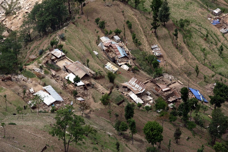 An aerial view of an earthquake hit village taken from an Indian Airforce aircraft on the way to Narain Thang near Kathmandu, Nepal, 27 April 2015. Photo: EPA
