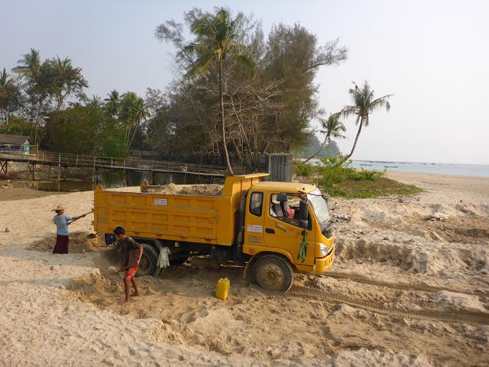 Sand-mining at Ngapali beach. The “mass theft” of sand is destroying the beach, says the Alliance against Sand-mining at Ngapali and Myanmar Beaches. Photo: Supplied