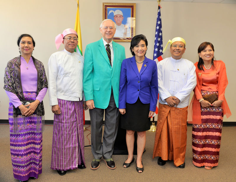Participants at the opening ceremony of the Myanmar consulate in Los Angeles earlier this month. From left: Myanmar’s permanent representative to the United Nations in New York, U Kyaw Tin and his wife, Daw Lwin Lwin Hman, the Mayor of Los Angeles County Board of Supervisors, Mr Michael Antonovich, Congresswomen Ms Judy Chu, who presented a Congressional Recognition Certificate to the consulate, and the consul-general, U Aung Kyaw Zan and his wife, Daw May May Latt. Photo: Myanmar consulate, Los Angeles