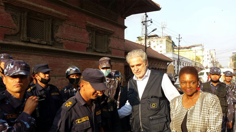 Valerie Amos and Christos Stylianides survey earthquake stricken Nepal Photo: OCHA