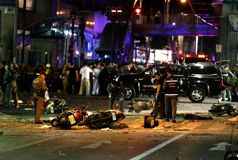 Motorcycles lie on the street at the scene of a bomb attack near Erawan Shrine, central Bangkok, Thailand, 17 August 2015. Photo: Ritchie B Tongo/EPA