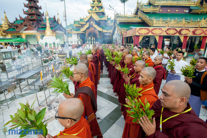Buddhist nationalist groups set off on September 14 to begin two weeks of celebrations of the four controversial race and religion bills recently signed into law. The rally of monks and lay people, including representatives of the Ma Ba Tha, began their prayers and celebrations at the Shwedagon Pagoda in Yangon. Photo: Hong Sar/Mizzima