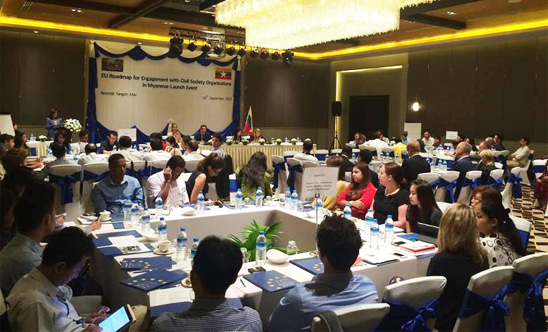 EU Delegation, EU Member States and more than 60 representatives from Myanmar civil society meet in Yangon on 16 September, 2015 to launch the EU Roadmap for civil society organisation (CSO) engagement. Photo: European Union Delegation to Myanmar