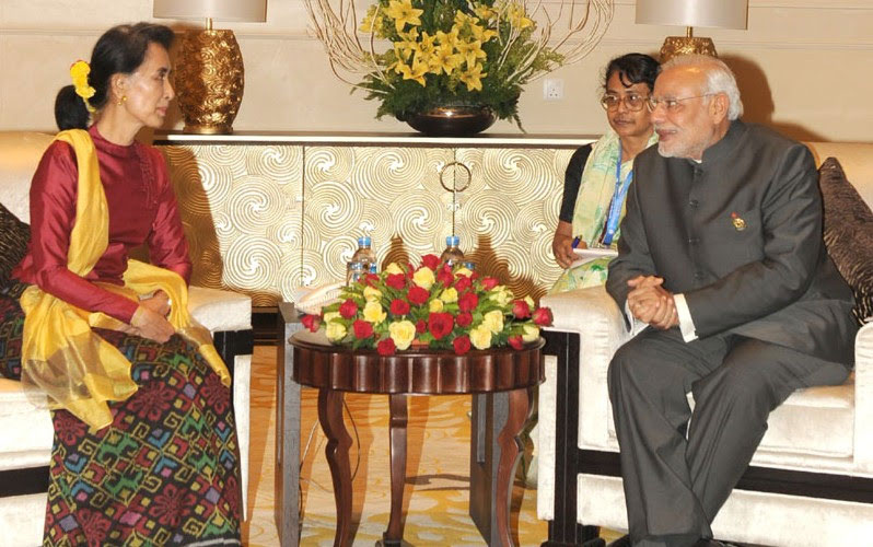 Prime Minister Narendra Modi meets with NLD chairperson Daw Aung Sann Suu Kyi in Nay Pyi Taw in 2014. Photo: PMINDIA