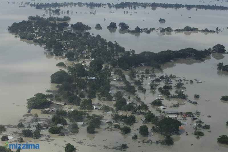An aerial view of flooded buildings in Kalaymyo, Sagaing Region, Myanmar on August 3, 2015. Photo: Hong Sar/Mizzima