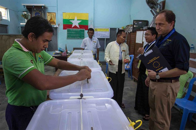 European Union Election Observation Mission Chief Observer Alexander Graf Lambsdorff and team observered during election day in Yangon. Photo: European Union Election Observation Mission Myanmar