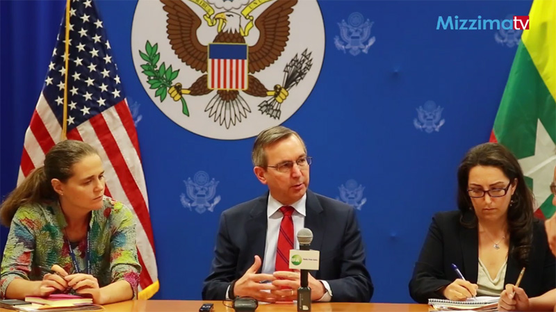 US Ambassador Mr Scot Marcel, centre, talking to reporters. Photo: Mizzima