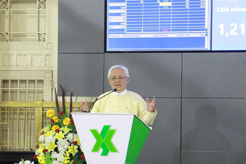 U Theim Wai aka Serge Pun, FMI's Executive Chairman speaks during the opening ceremony of the Yangon Stock Exchange (YSX) in March. Photo: Mizzima