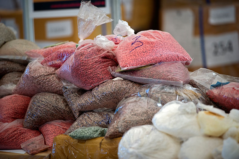 Bags of methamphetamine pills seized by the Thai narcotic police department are seen on display before being incinerated in Ayutthaya on September 17, 2011. Photo: AFP