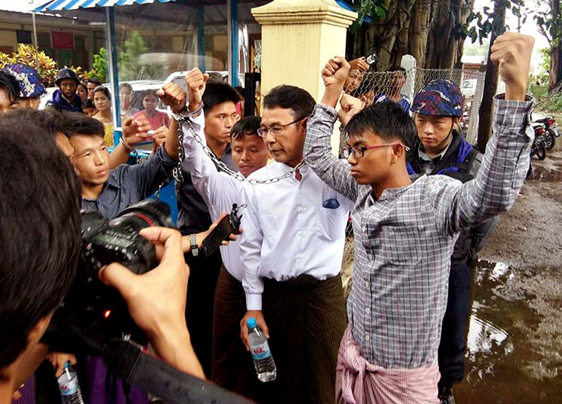 Three journalists who were arrested in conflict-ridden northern Shan State last month seen at a court on 21 June, 2017. Photo: Ko Myint Thein (Thibaw)