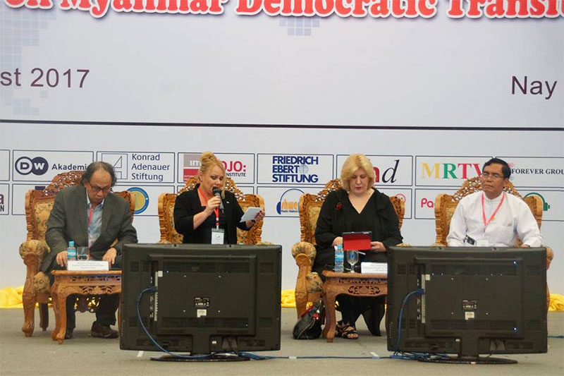 Panelists - U Aung Hla Tun, Vice Chairman-1, New Media Council (R), Kavi Chongkittavorn, Executive Director and Chief Editor of Myanmar Times (R), and Mrs Dunja Mijatovic, international expert on media freedom (R-C) - discuss the importance of media in reporting on government developments and the changes on the road to full democracy in Myanmar. Photo. MOI