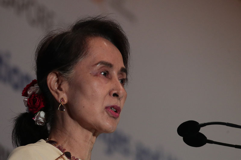 Myanmar State Counsellor Aung San Suu Kyi delivers her speech during the 43rd Singapore Lecture at the Grand Hyatt hotel in Singapore, 21 August 2018. Photo: Wallace Woon/EPA