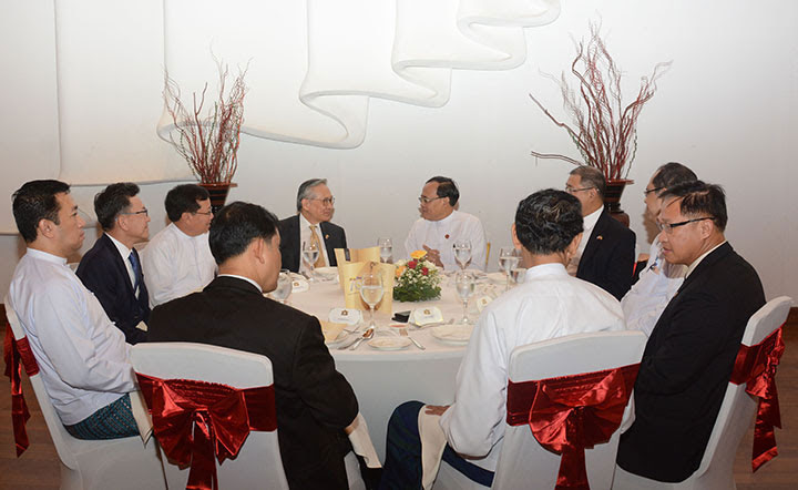 Union Minister for International Cooperation U Kyaw Tin hosts a luncheon in honour of Mr. Don Pramudwinai, Minister of Foreign Affairs of the Kingdom of Thailand, in Nay Pyi Taw. Photo: MNA