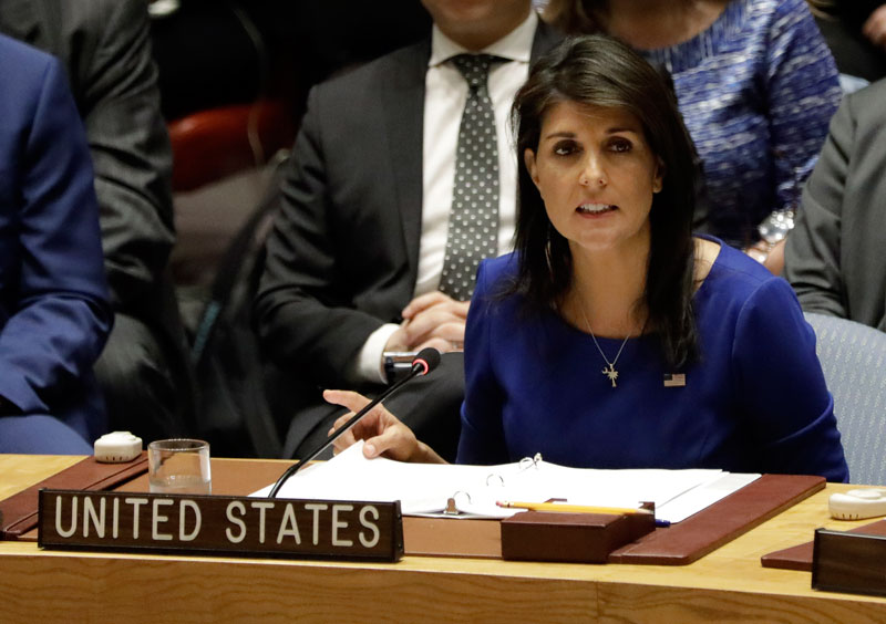(File) United States Ambassador to the UN, Nikki Haley, addresses a Security Council meeting on the situation in Syria at United Nations headquarters in New York, New York, USA, 14 April 2018. Photo: Jason Szenes/EPA