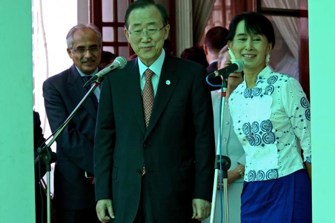The scene at a press conference for Ban Ki-moon and Aung San Suu Kyi at her lakeside home in Yanong in 2012. Photo: Mizzima