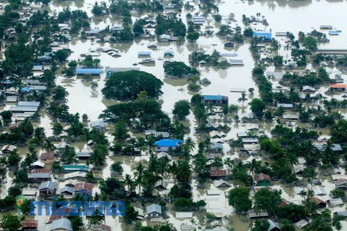 An aerial view of flooded buildings in Kalaymyo, Sagaing Region, Myanmar on August 3, 2015. Photo: Hong Sar/Mizzima