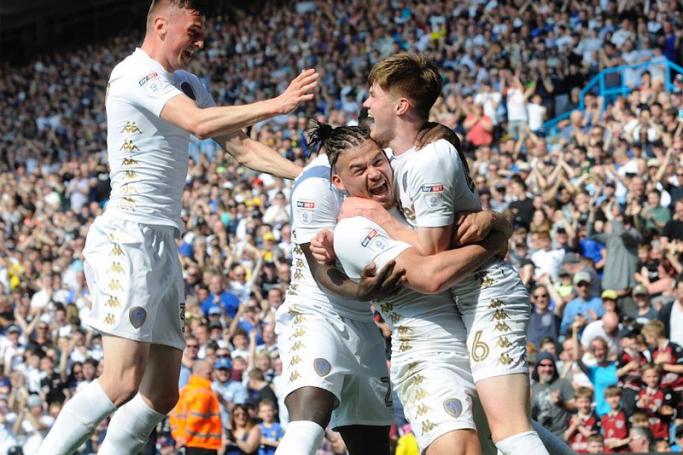 Leeds United players celebrate after a goal. Photo: Paudie O'Connor/Twitter