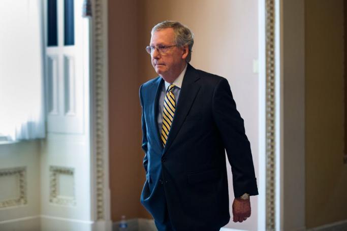 Republican Senate Majority Leader from Kentucky Mitch McConnell walks back to his office after speaking to the media about President Obama's trade agenda in the US Capitol in Washington, DC, USA, 23 June 2015. Jim Lo Scalzo/EPA