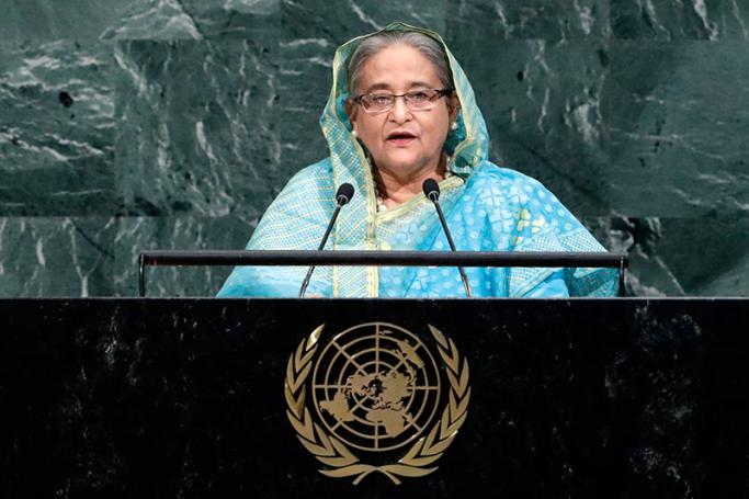 Prime Minister of Bangladesh Sheikh Hasina speaks during the General Debate of the 72nd United Nations General Assembly at UN headquarters in New York, New York, USA, 21 September 2017. Photo: Jason Szenes/EPA