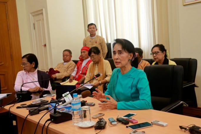 Myanmar opposition leader Aung San Suu Kyi speaks during a news conference at the parliament building in Naypyitaw, Myanmar on 25 June 2015. Photo: EPA
