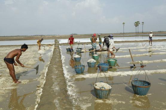 More than 150 employees work to pump salty water from the ground, dry it, and collect in Thanphyu Zayat Township in Mon State. Once dry, it is packaged and sent to shops in the region or sold in the local markets. Photo: Hong Sar/Mizzima