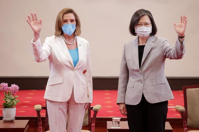 This handout taken and released by Taiwan's Presidential Office on August 3, 2022 shows US House Speaker Nancy Pelosi (L) waving beside Taiwan's President Tsai Ing-wen at the Presidential Office in Taipei. Photo:  Handout / Taiwan Presidential Office / AFP