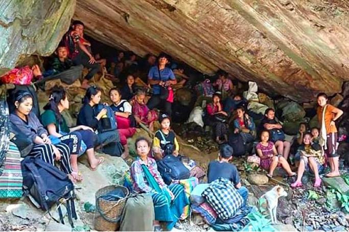 Karen villagers taking shelter in a jungle near Day Pu No in Hpa-pun in eastern Myanmar's Karen state on March 29, 2021, after airstrikes in the area following the February military coup. Photo:AFP