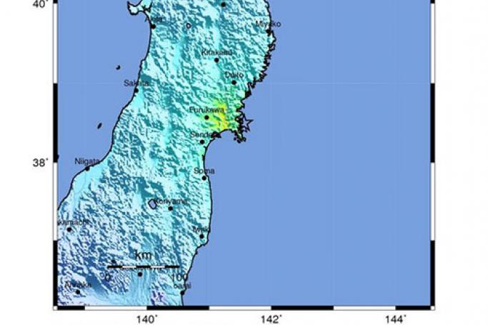 A handout shakemap released on 12 November 2016 by the US Geological Survey (USGS) shows the location (C, marked with star) of a 6.2 magnitude earthquake that struck at a depth of 44.8 km, 24 km east-northeast of Ishinomaki, Japan, 11 November 2016. There are no immediate reports of damage, casualties or tsunami warning. Photo: USGS/EPA
