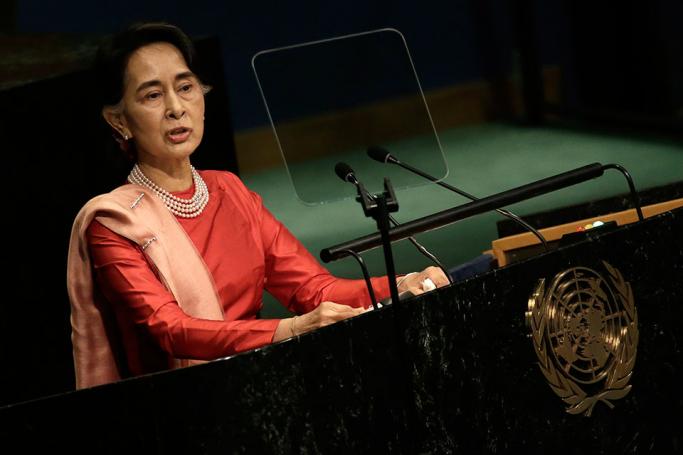 Aung San Suu Kyi, State Counsellor and Minister for Foreign Affairs of the Republic of the Union of Myanmar addresses the General Debate at the 71st Session of the United Nations General Assembly at UN headquarters in New York, USA, 21 September 2016. Photo: Peter Foley/EPA
