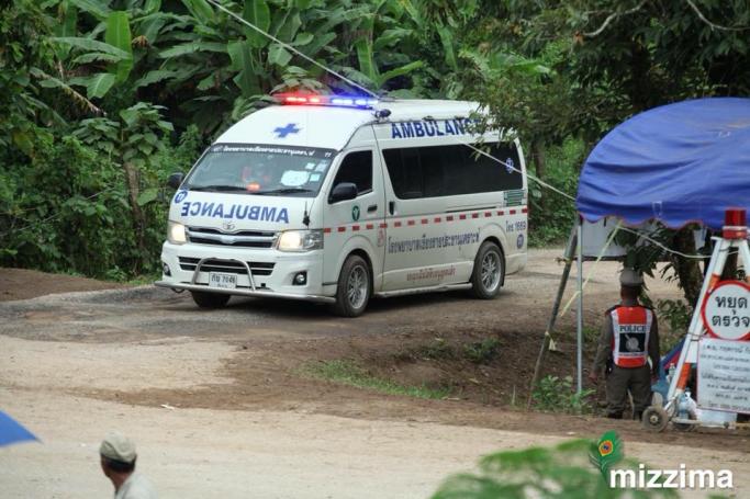 A Royal Thai police ambulance evacuates a cave trapped boy to hospital after he was rescued from the Tham Luang cave, Khun Nam Nang Non Forest Park in Chiang Rai province, Thailand on 10 July 2018. Photo: Thura/Mizzima
