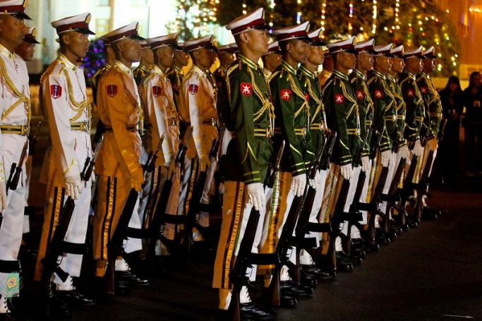 Armed guards of honor march during a military parade and flag-raising ceremony held to mark the 69th Myanmar Independence Day in Naypyitaw on 04 January 2017. Photo: Min Min/Mizzima
