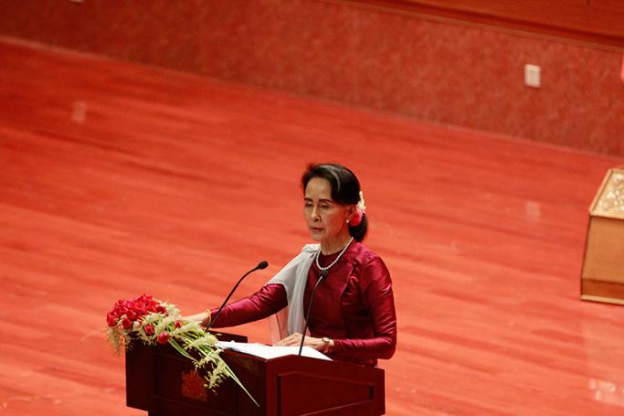 Myanmar's State Counselor Aung San Suu Kyi gives a speech on the Myanmar government's efforts with regard to national reconciliation and peace in Naypyitaw, Myanmar, 19 September 2017. Photo: Min Min/Mizzima
