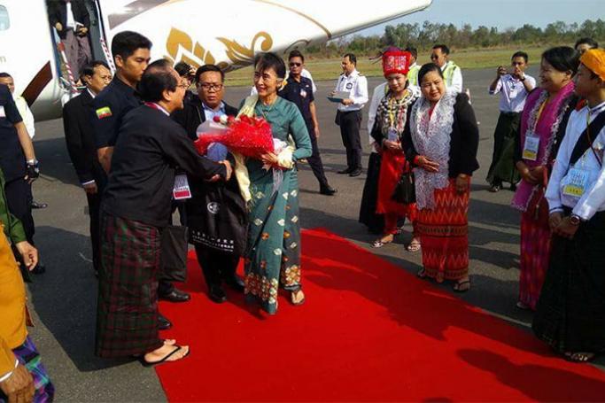 Myanmar State Counsellor Daw Aung San Suu Kyi arrives at Myitkyina airport in Kachin State on 28 March 2017. Photo: Min Min/Mizzima
