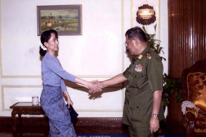 Back in 2004 - Aung San Suu Kyi meets then junta leader Senior General Than Shwe in 2004. In the wake of the meeting, the junta leader described Suu Kyi’s offer to have economic sanctions lifted in exchange for some measure of political reform “insincere” and “dishonest”. Photo: Mizzima File
