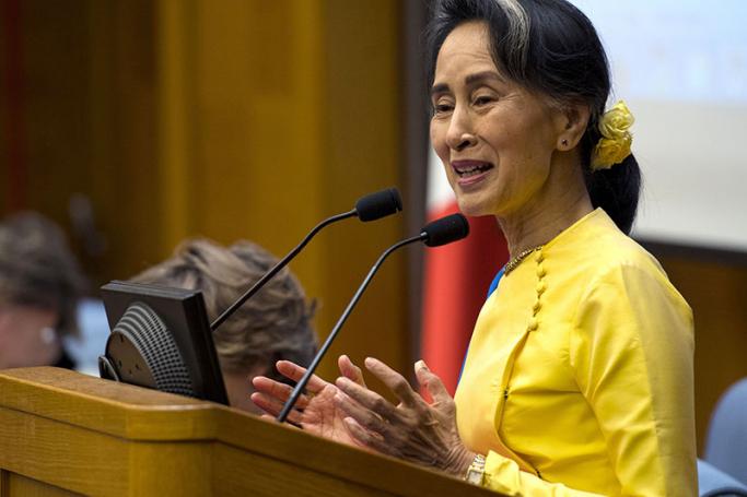 Aung San Suu Kyi, State Counsellor of Myanmar, delivers a speech at the 2017 International G7/20 Parliamentarians' Conference 'The Challenges of a World on the Move: Migration and Gender Equality, Women's Agency and Sustainable Development' in Rome, Italy, 04 May 2017. Photo: Maurizio Brambatti/EPA
