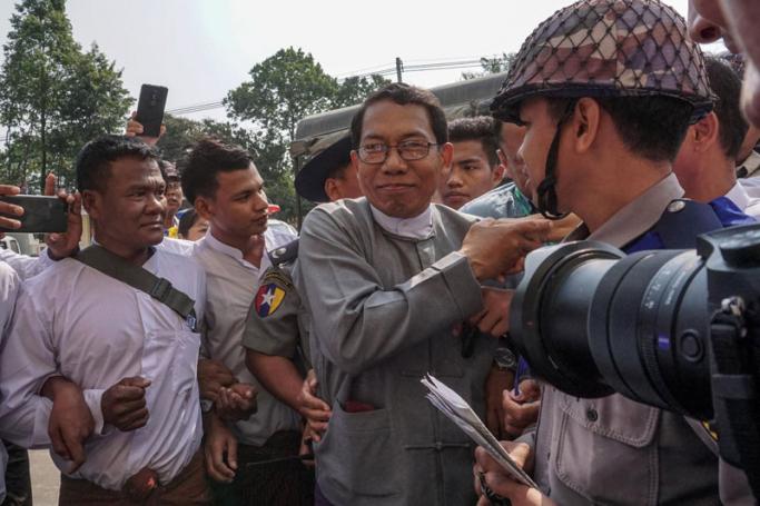 Aye Maung (C), former (ANP) Arakan National Party's chairman, arrives for his trial at the court in Sittwe, Rakhine State on March 7, 2018. Photo: AFP
