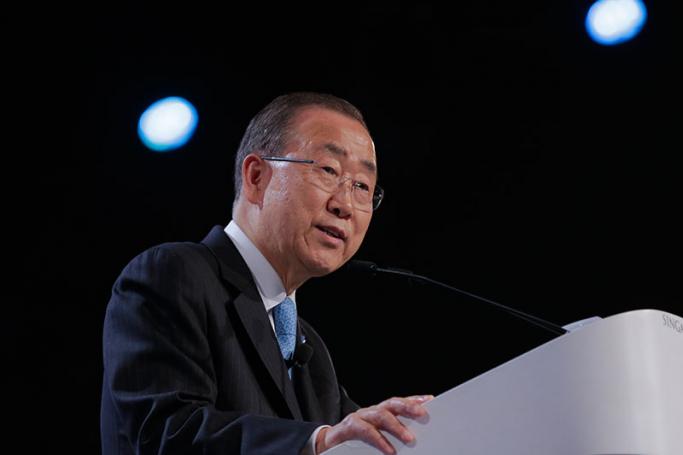 Secretary General of the United Nations (UN) Ban Ki-moon delivers his speech during the 8th Ho Rih Hwa Leadership in Asia Public Lecture in Singapore, 29 August 2016. Photo: EPA
