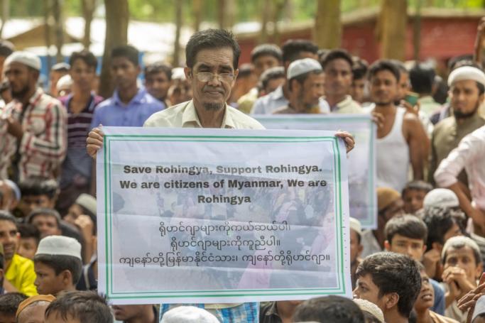 (File) Rohingya refugees take part in a protest held to mark the five year anniversary of the mass migration of Rohingya refugees from Myanmar to Bangladesh, at a makeshift camp in Kutubpalang, Ukhiya, Cox Bazar district, Bangladesh, 25 August 2022. Photo: EPA
