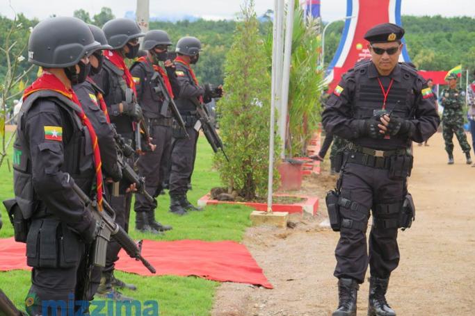 Members of Border Guard Special Forces guard during the 4th anniversary of BGF held at Shwekokko Myaing in Myawaddy, Karen State on August 20, 2014. Photo: Mizzima
